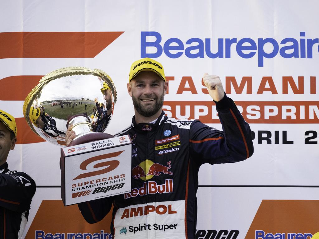 Shane van Gisbergen celebrates his history equalling win at Symmons Plains in April. Picture: Daniel Kalisz/Getty Images