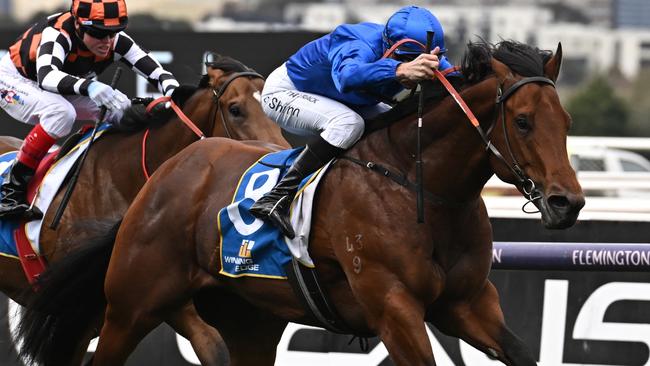MELBOURNE, AUSTRALIA - SEPTEMBER 10: Blake Shinn riding Spacewalk winning Race 1, the Winning Edge Poseidon Stakes, but loses race on protest to Craig Newitt riding Buenos Noches (L) during Melbourne Racing at Flemington Racecourse on September 10, 2022 in Melbourne, Australia. (Photo by Vince Caligiuri/Getty Images)