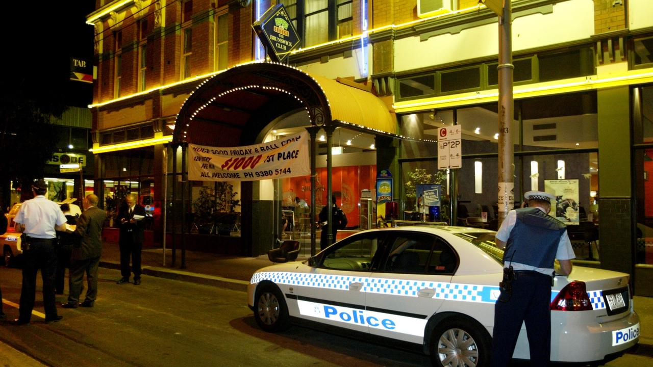 Police at the Brunswick Club where Lewis Moran was shot and murdered in 2004. Digital Image.