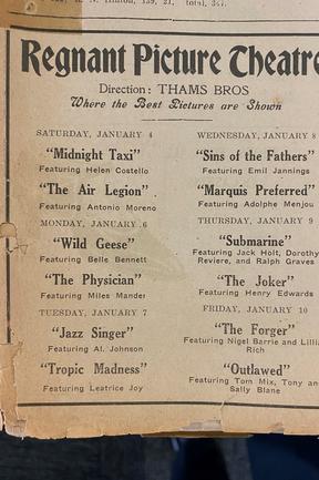 The movies playing at the Regnant Picture Theatre. Gold Coast Bulletin advertising, 1930,