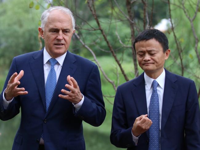Prime Minister Malcolm Turnbull meets with Alibaba executive chairman Jack Ma at the Alibaba Xixi campus in Hangzhou, China. Clearly the two have similar goals — they’re wearing the same outfits. Picture: Sanghee Liu