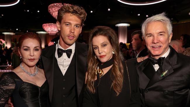 Priscilla and Lisa Marie Presley with <i>Elvis</i> director Baz Luhrmann and its star, Austin Butler, just two days ago at the Golden Globes. Picture: Shutterstock for HFPA