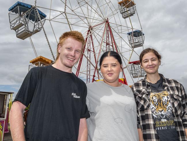 Joshua Flett, Tahlia Hart and Hannah Stace at the Toowoomba Royal Show. Saturday, March 26, 2022. Picture: Nev Madsen.