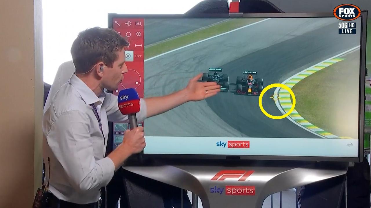 Sky Sports analyst Anthony Davidson suggested Max Verstappen missed the turn. Photo: Kayo/Fox Sports.