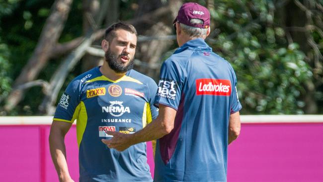 Wayne Bennett talks to Jack Bird during a Broncos training session earlier this year. Picture: AAP