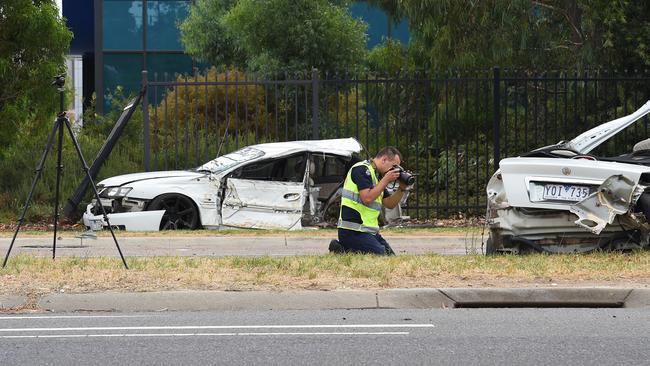 Car crash fatality at the intersection of Stud Road and Lakeside Boulevard, Rowville. This car is in two pieces. Picture: Josie Hayden