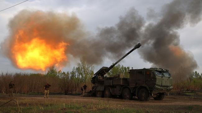 Gunners from 43rd Separate Mechanised Brigade of Ukraine fire at Russian position with a 155 mm self-propelled howitzer in the Kharkiv region last April. Picture: Anatolii Stepanov / AFP
