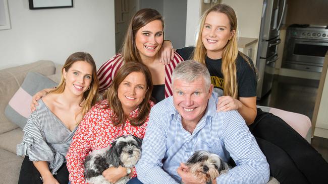 Former Australian rules footballer, coach and football commentator Danny Frawley speaks with Hamish McLachlan. Danny with wife Anita and daughters L to R Danielle, Chelsea and Keeley. Picture: Mark Stewart