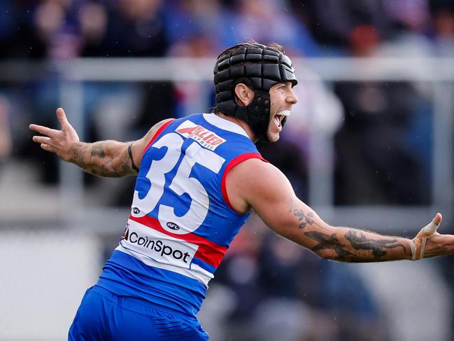 Caleb Daniel celebrates a goal against GWS. Picture: Dylan Burns/AFL Photos via Getty Images.