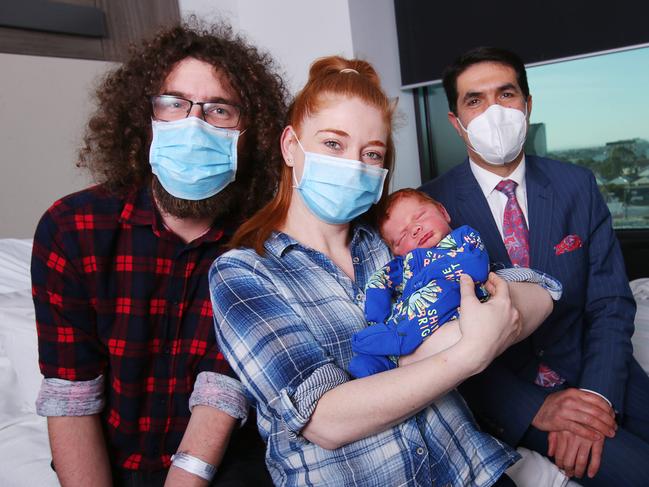 Emma and Brent Whittaker with baby Sam and Dr Sam Sabary. Picture: Alan Barber