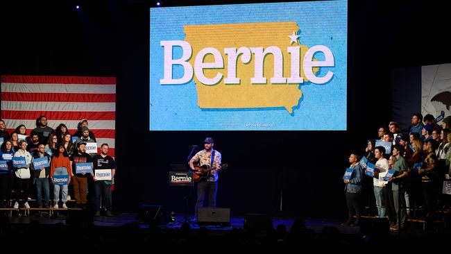 Bon Iver lead singer Justin Vernon performs for Bernie Sanders’s supporters in Clive, Iowa. Picture: AFP