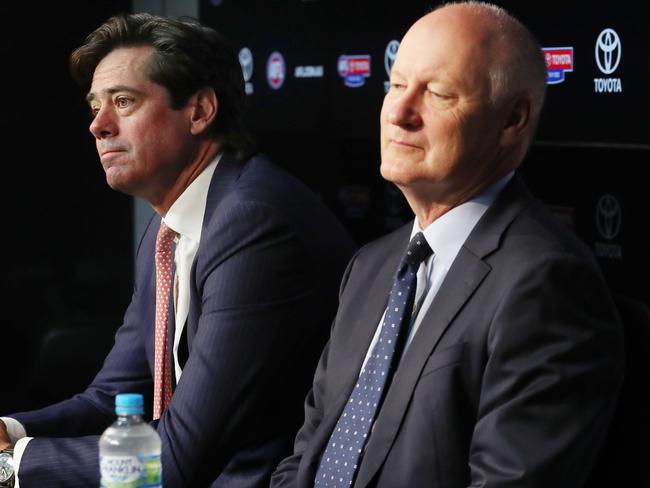 AFL press conference with AFL Commission Chair Richard Goyder and CEO Gillon McLachlan. CEO Gillion McLachlan has announced he is stepping down from his roll as CEO. Tuesday, APRIL 12, 2022. Picture: David Crosling