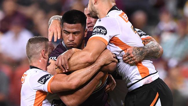 Payne Haas was one of the few highlights for the Broncos. Picture: AAP Image/Dave Hunt