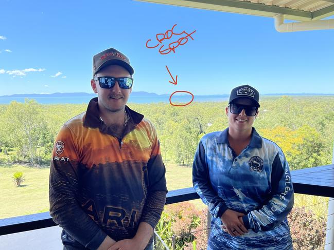 Nathan Seeman and Shanelle Cunningham can see the place they spotted a 4m croc from a relative’s home. Picture: Contributed