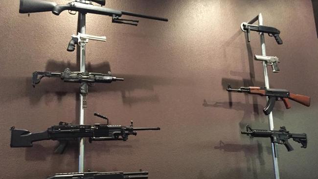 An array of guns available to try at the Machine Guns Vegas shooting range.