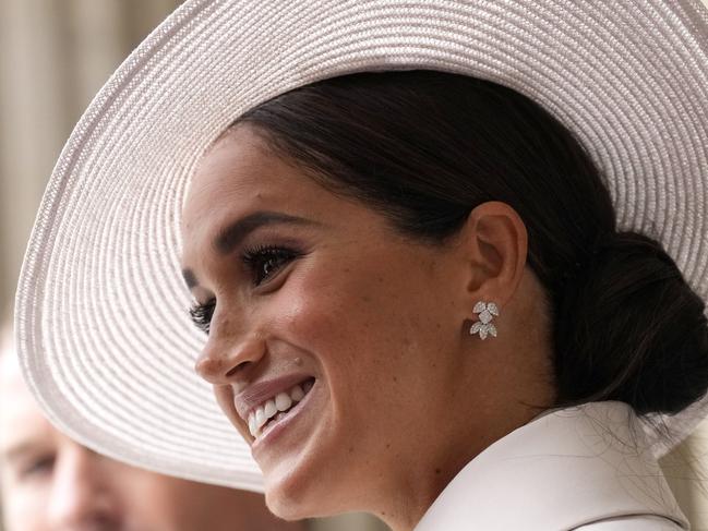 LONDON, ENGLAND - JUNE 03: Meghan Markle,  Duchess of Sussex leaves after a service of thanksgiving for the reign of Queen Elizabeth II at St Paul's Cathedral in London, Friday, June 3, 2022 on the second of four days of celebrations to mark the Platinum Jubilee. The events over a long holiday weekend in the U.K. are meant to celebrate the monarch's 70 years of service. (Photo by Matt Dunham - WPA Pool/Getty Images)