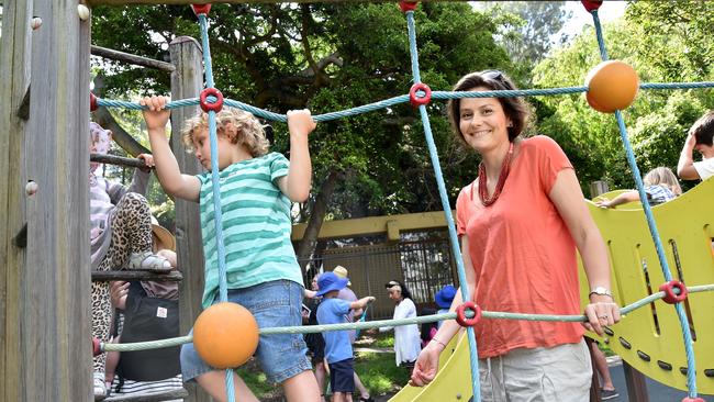 Ivanhoe Park Pre-School parent Zuzana Benova watches son Samko, 4, play outside the pre-school at Manly on Monday December 17th. Picture: (AAP IMAGE / Troy Snook)