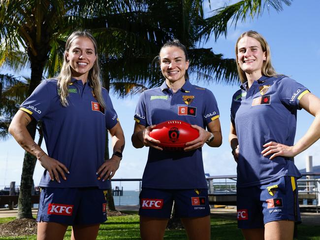 The Hawthorn Hawks AFL Women's team is in Cairns for their annual pre season training session. Queensland players Kaitlyn Ashmore, Emily Bates and Greta Bodey have welcomed their team mates to the Sunshine State. Picture: Brendan Radke