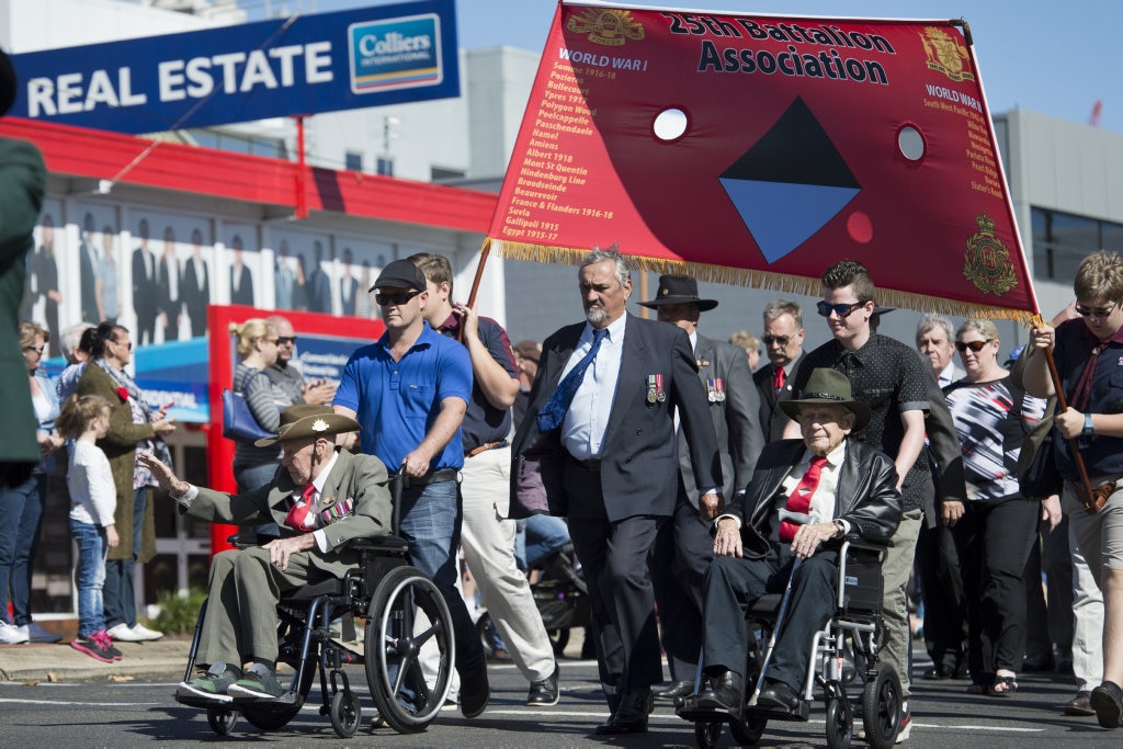 25th Battalion Association are lead by Second World War veterans Bert Miles (left) and Richard McKenna in the march to the Citizens' Commemoration Service for Anzac Day 2016, Monday, April 25, 2016. Picture: Kevin Farmer