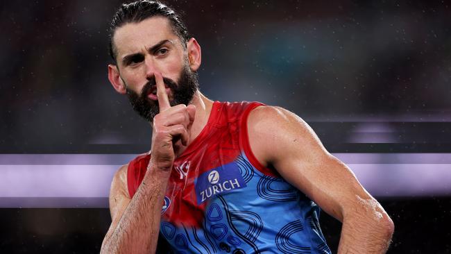 Brodie Grundy silences the Port Adelaide crowd after kicking a goal against the Power at Adelaide Oval in Round 10. Picture: James Elsby/AFL Photos via Getty Images