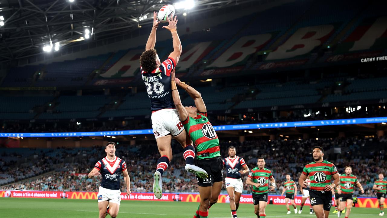 SYDNEY, AUSTRALIA - SEPTEMBER 06: Mark Nawaqanitawase of the Roosters collects the ball to score a try during the round 27 NRL match between South Sydney Rabbitohs and Sydney Roosters at Accor Stadium, on September 06, 2024, in Sydney, Australia. (Photo by Matt King/Getty Images)