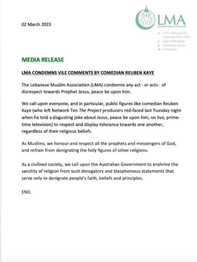 LMA condemn The Project over it's "disgusting" joke about Jesus