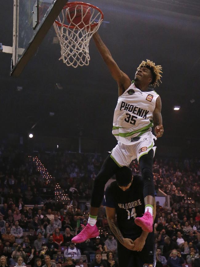 Terry Armstrong of the Phoenix dunks the ball during the NBL Blitz Dunk Comp at the Derwent Entertainment Centre on September 21. Picture: GETTY