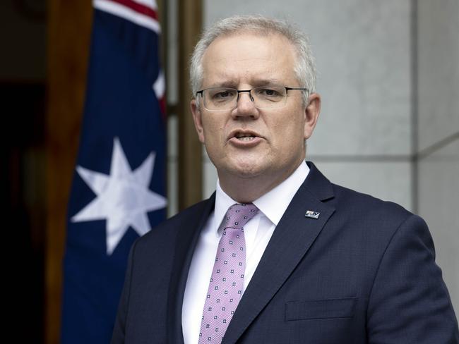 CANBERRA, AUSTRALIA-NCA NewsWire Photos OCTOBER 8 2020.The Prime Minister Scott Morrison with Senator Mathias Cormann during a press conference at Parliament House in Canberra. Picture: NCA NewsWire / Gary Ramage