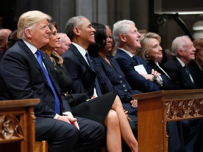 From left, President Donald Trump, first lady Melania Trump, former President Barack Obama, former first lady Michelle Obama, former President Bill Clinton, former Secretary of State Hillary Clinton, and former President Jimmy Carter and former first lady Rosalynn Carter participate in the State Funeral for former President George H.W. Bush, at the National Cathedral, December 5, 2018 in Washington, DC. Picture: AFP