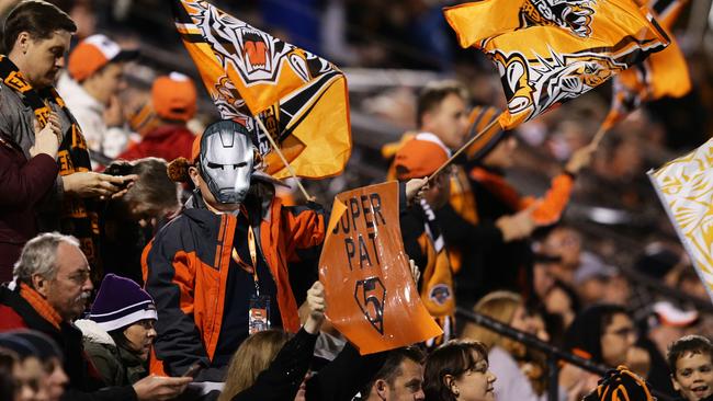 Tigers fans during the Wests Tigers v Melbourne Storm rugby league game at Leichhardt Oval, Sydney. Pic Brett Costello