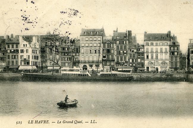 This postcard, dated c. 1900, shows the Hotel de l’Amiraute (Admiralty Hotel) where Monet stayed in 1872. It’s the big white one in the centre. Monet painted Impression, sunrise from his window in this hotel. Picture: Archives Municipales, Le Havre