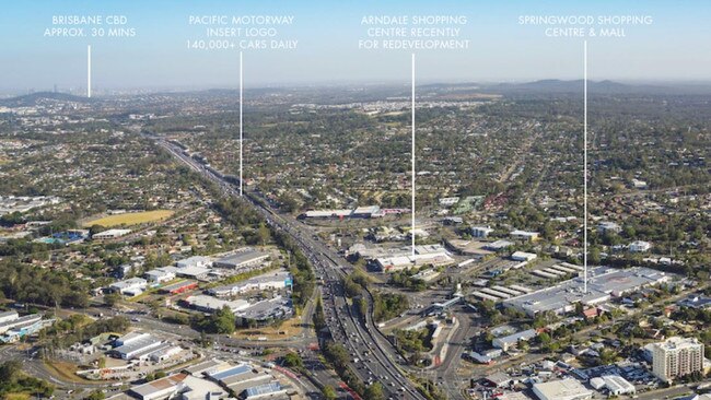 An aerial shot of Springwood pointing out where the $30 million health hub will be located near the M1 and Pacific Motorway.