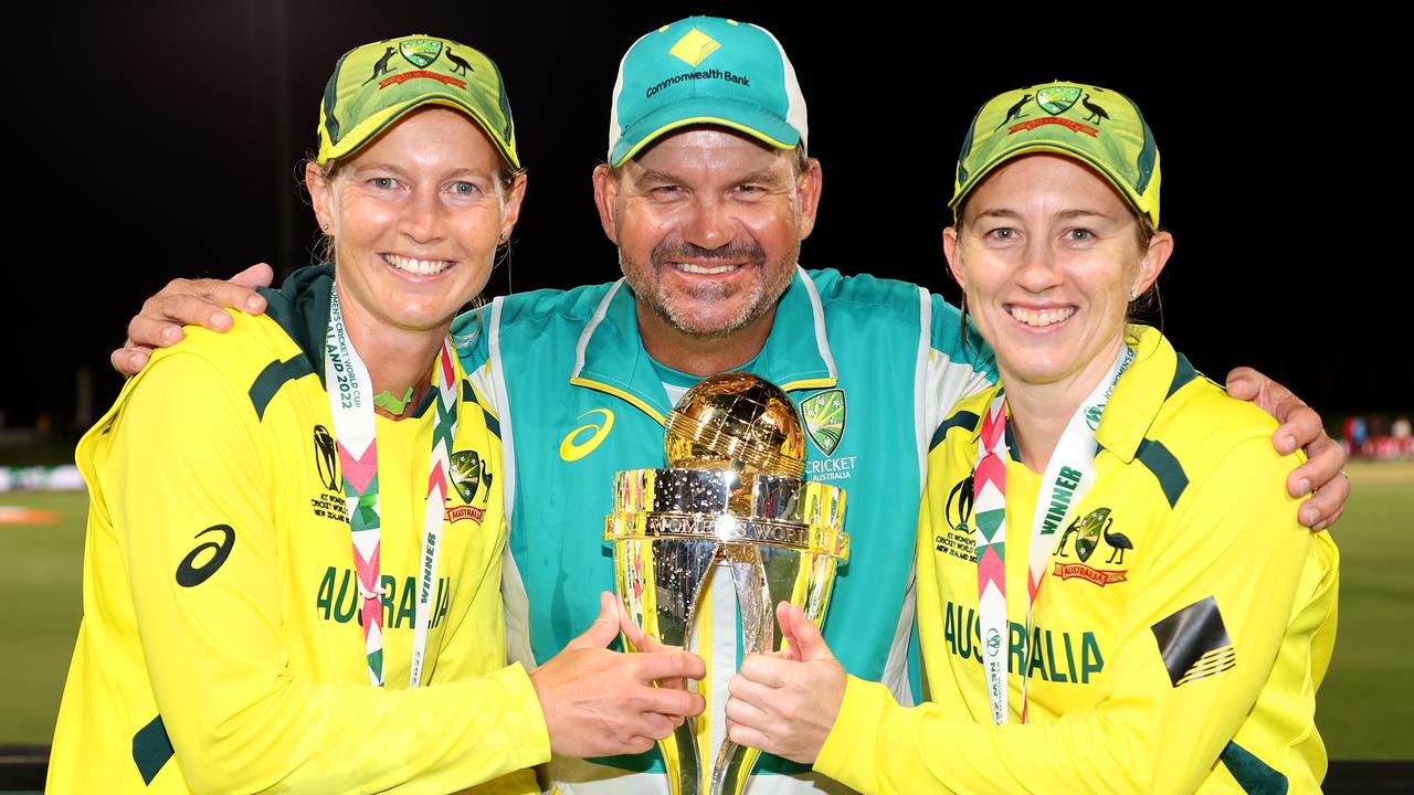 Australia captain Meg Lanning, coach Matthew Mott and Rachael Haynes. Photo by Phil Walter-ICC/ICC via Getty Images