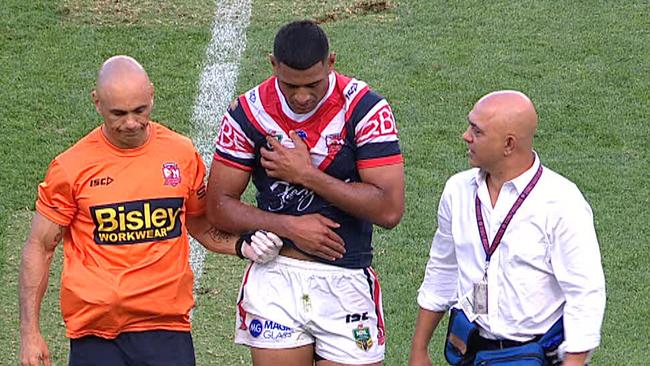 Daniel Tupou leaves the ground with a pectoral injury.