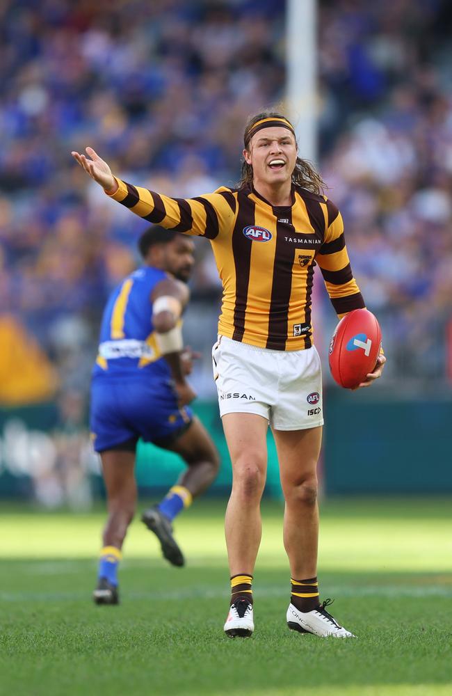 Jack Ginnivan protests to the umpire during Hawthorn’s win over West Coast. Picture: by Janelle St Pierre/Getty Images.