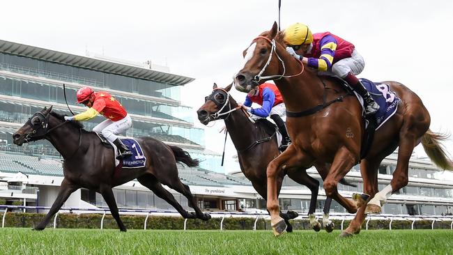 Mr Mozart (right) holds off Artorius and Hilal in the Exford Plate. Picture: Getty Images