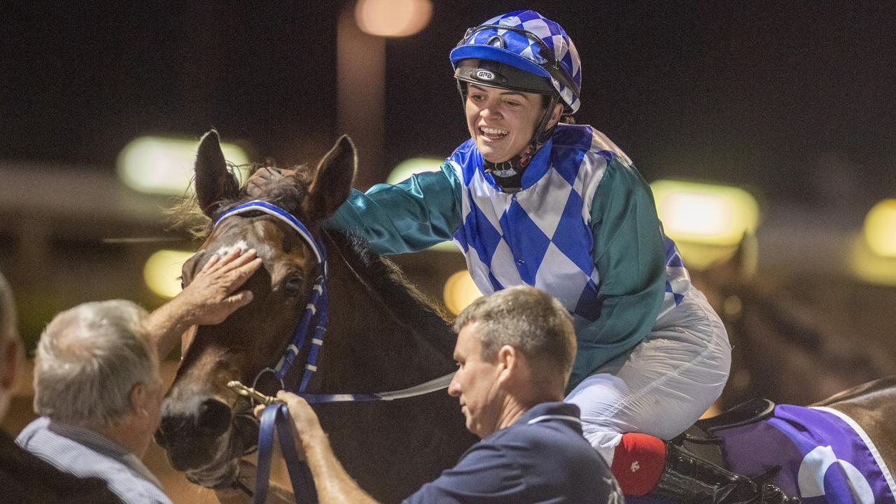 Alert and Ready ridden by Montanna Savva wins the Darryl Gollan Memorial Qtis 2yo Handicap at Clifford Park. Friday, April 16, 2021. Picture: Nev Madsen.