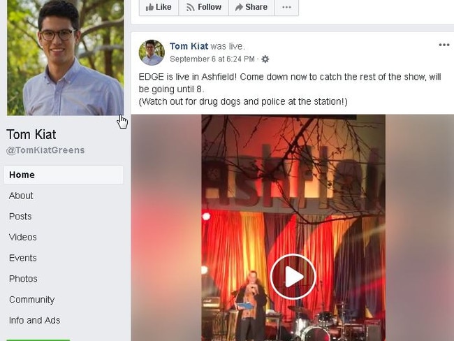 Inner West councillor Tom Kiat’s Facebook post warning about sniffer dogs and police.