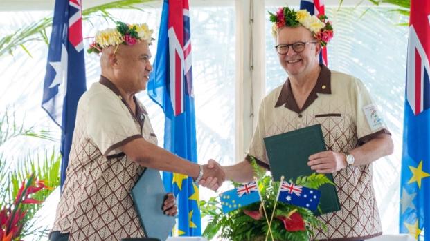 Australian Prime Minister Anthony Albanese shakes hands with Prime Minister of Tuvalu Feleti Teo after signing agreements in August. Picture: X / PMO