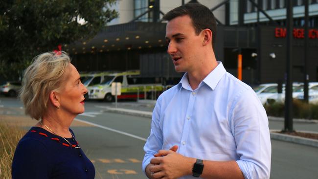 Mudgeeraba MP Ros Bates and Bonney LNP candidate Sam O'Connor meeting to discuss a police beat near the Gold Coast University Hospital.