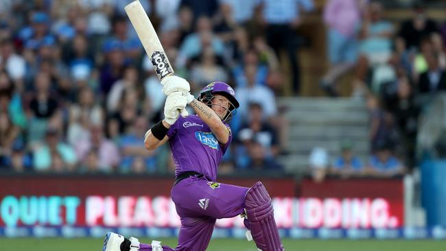 D'Arcy Short of the Hobart Hurricanes launches a ball into the stands. Picture: JAMES ELSBY/GETTY IMAGES