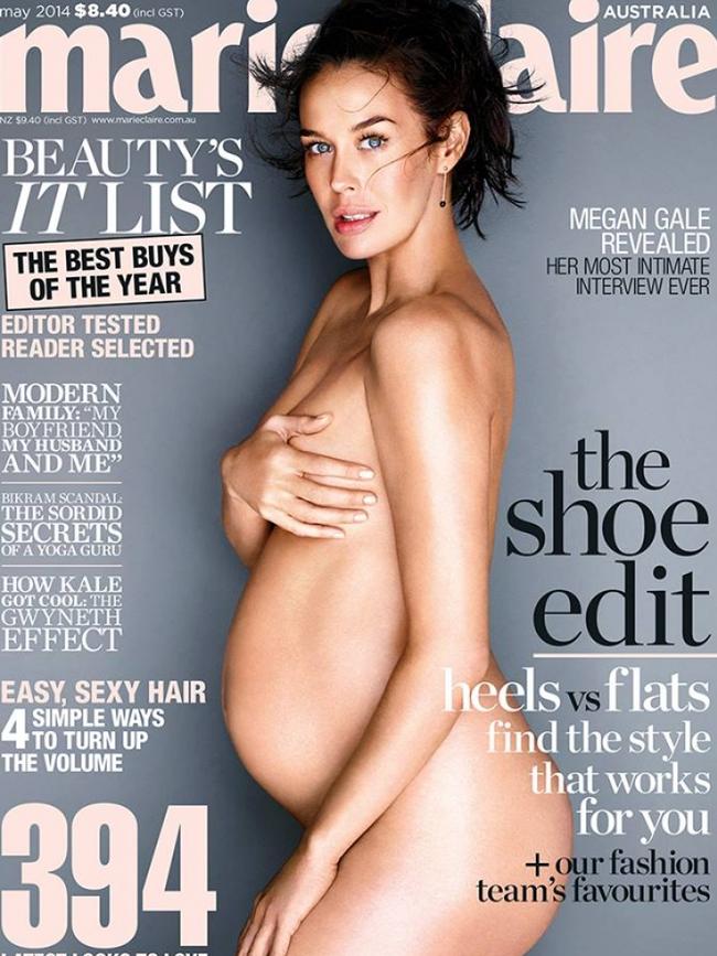 A pregnant Megan Gale on the cover of Marie Claire magazine, Australia, May 2014. Picture: Marie Claire