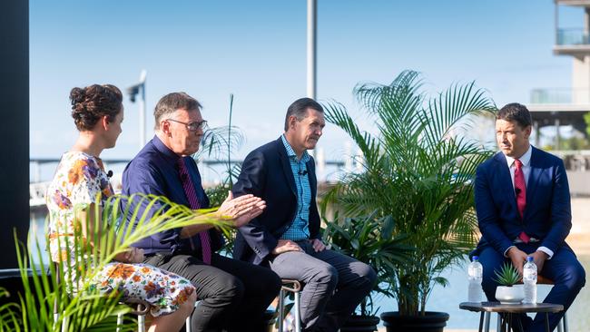 Chief Minister Michael Gunner, Opposition Leader Lia Finocchiaro and Territory Alliance leader Terry Mills debate the upcoming 2020 NT election at Darwin's Waterfront, hosted by Sky News and NT News. Picture: Che Chorley