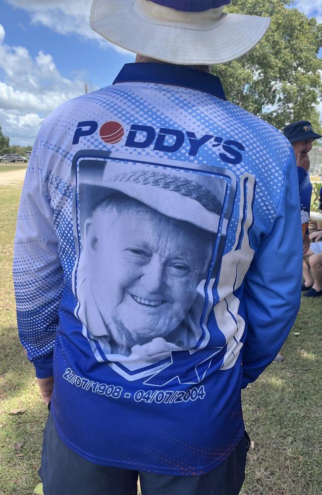 The Poddy XI cricket team's playing shirt which features a portrait of the late Poddy McDonald.