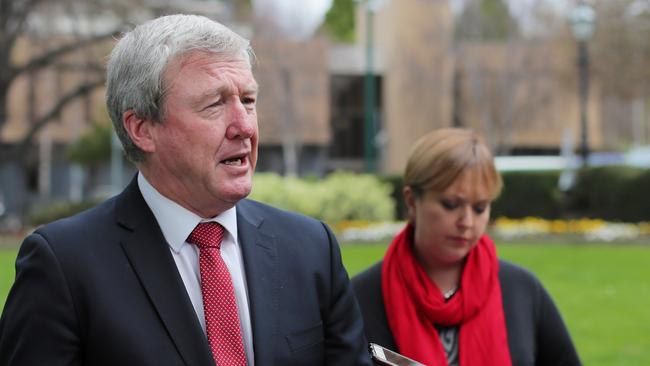 Labor Leader Bryan Green talking to reporters about Ruth Forrest’s bullying allegations against Rene Hidding. Picture: RICHARD JUPE