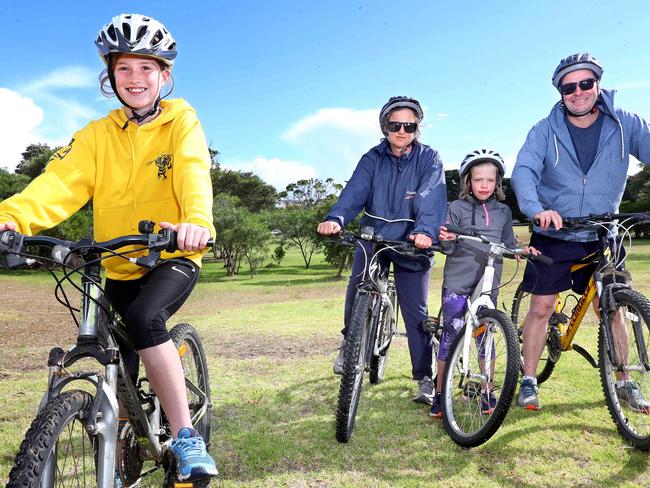 The Borough of Queenscliff is asking the community to help design a new bike park for the region Ã council has identified for it to be best built at a large area of vacant grassed land on the site of the old Queenscliff High School.Emma and Chris Glassenburg with daughters Lucy 11yrs and Charlotte 9yrs explore the reserve.  picture: Glenn Ferguson