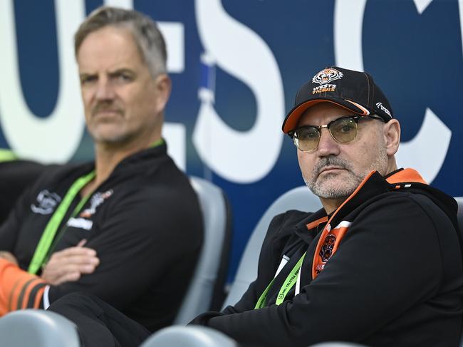 TOWNSVILLE, AUSTRALIA - JULY 01: West Tigers Board Director Lee Hagipantelis and CEO Justin Pascoe look on before the start of the round 18 NRL match between North Queensland Cowboys and Wests Tigers at Qld Country Bank Stadium on July 01, 2023 in Townsville, Australia. (Photo by Ian Hitchcock/Getty Images)