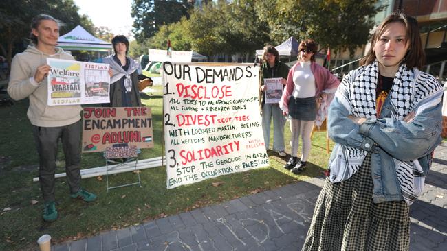 Student activists, including Bree Symonds, at the Adelaide University Gaza solidarity encampment were reportedly targeted late on Monday night, when fireworks were set off inside the encampment. Picture: NCA NewsWire / Dean Martin