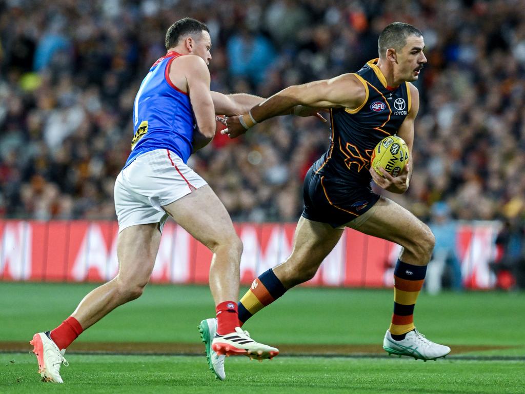 Taylor Walker and Steven May were matched up in the goalsquare. Picture: Mark Brake/Getty Images.