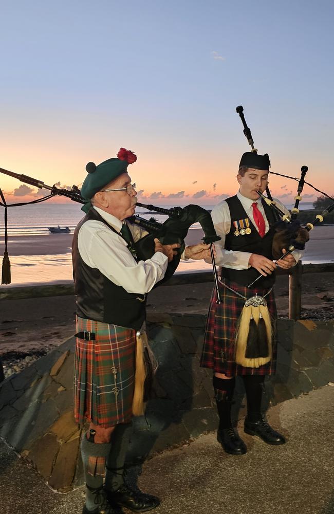 Bagpipers Ian Duncan and Harrison Lamb played during the Half Tide Dawn Service at Hay Point. Mackay Anzac Day 2025 Photo: Janessa Ekert